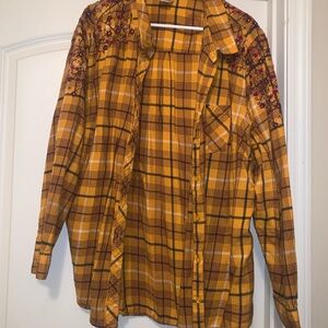 Yellow Plaid Button-Up Shirt with Floral Embroidery